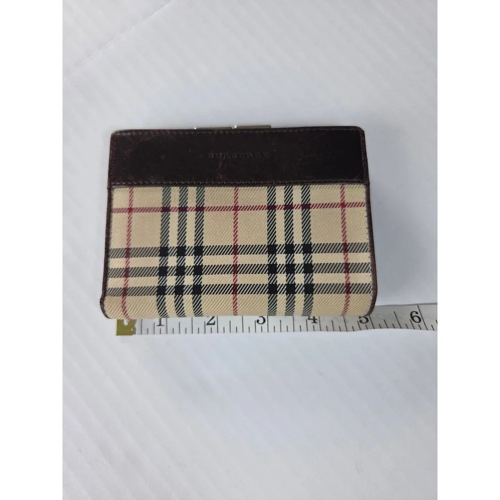 Burberry Nova Check Canvas Leather Bifold Wallet Brown Kiss Lock Coin Pouch